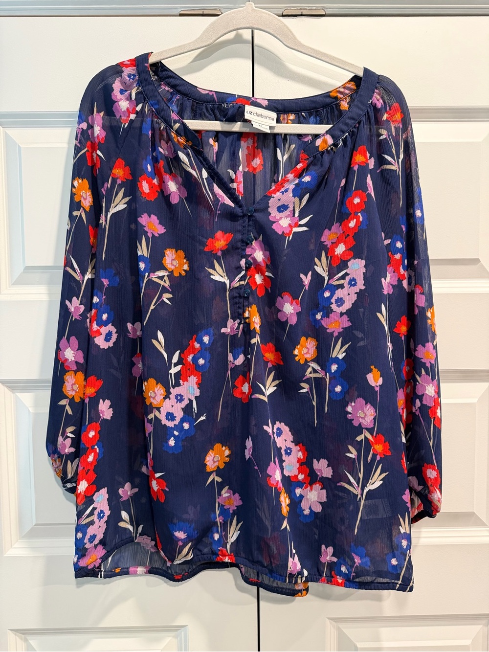 Liz Claiborne Navy Floral Top with Red and Pink Blooms